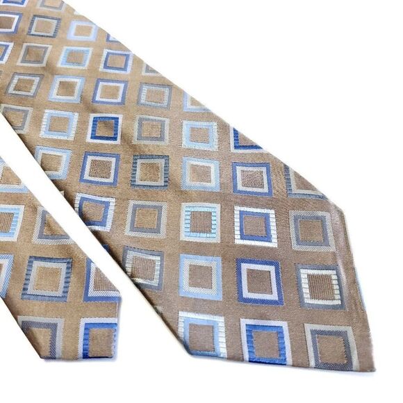 Croft &‎ Barrow Beige Blue Woven Geometric Silk Tie Stain Resistant - Picture 1 of 7